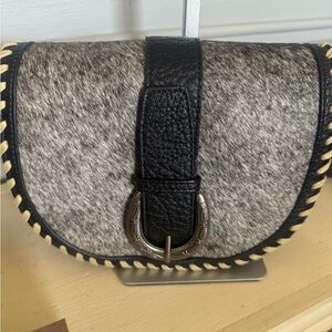 Black and Gray Cow Hide Crossbody Bag with Buckle Accent